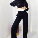 Compleu casual, Stability, pantaloni lejeri cu buzunare si bluza cu gluga, Negru/Alb