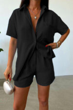 Compleu cu bumbac creponat, Jolin, camasa si pantaloni scurti cu pense, Negru - imagine 2