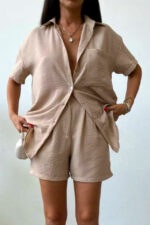 Compleu cu bumbac creponat, Jolin, camasa si pantaloni scurti cu pense, Bej - imagine 2
