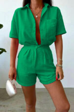 Compleu cu bumbac creponat, Jolin, camasa si pantaloni scurti cu pense, Verde - imagine 2