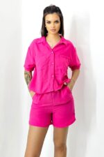 Compleu cu bumbac creponat, Keona, camasa si pantaloni scurti cu snur, Fucsia - imagine 2