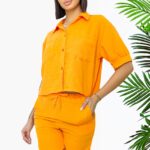 Compleu cu bumbac creponat, Keona, camasa si pantaloni scurti cu snur, Portocaliu