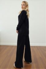 Compleu cu lana ELETRA, bluza lunga, cristale si pantaloni lejeri, Negru, Marime M/L - imagine 2