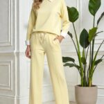 Compleu dama ALYA, cu bluza tip camasa si pantaloni lejeri cu snur, Galben, Marime S/M/L