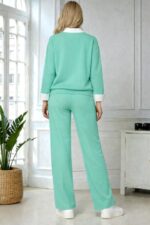 Compleu dama ALYA, cu bluza tip camasa si pantaloni lejeri cu snur, Verde, Marime S/M/L - imagine 2