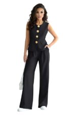 Compleu dama Valeska, cu pantaloni largi si vesta eleganta accesorizata, Negru, Marime S/M - imagine 2