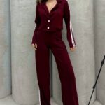 Compleu de dama Sporty LINES, din doua piese cu imprimeu in dungi, Visiniu