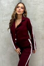 Compleu de dama Sporty LINES, din doua piese cu imprimeu in dungi, Visiniu - imagine 2