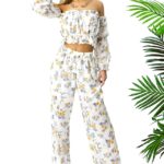 Compleu de vara Bouquet, pantaloni lejeri si camasa cu volane, Alb, Marimea S/M/L