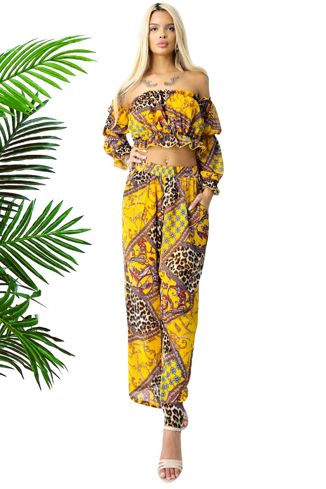 compleu-de-vara-bouquet-pantaloni-lejeri-si-camasa-cu-volane-galben47244 Compleu de vara Bouquet, pantaloni lejeri si camasa cu volane, Galben Leopard, Marimea S/M/L - imagine 1