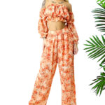 Compleu de vara Bouquet, pantaloni lejeri si camasa cu volane, Portocaliu, Marimea S/M/L