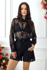 Compleu din dantela Constanza, cu pantaloni scurti si camasa lunga, Negru, Marime S/M