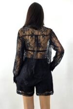 Compleu din dantela Constanza, cu pantaloni scurti si camasa lunga, Negru, Marime S/M - imagine 2