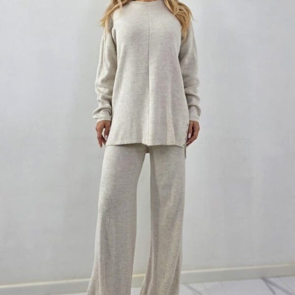 Compleu dungi centrate, ELETRA, pantaloni cu buzunare si bluza lunga, Crem, Marime M/L
