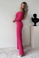 Compleu elegant Alegria, bluza crop cu decolteu elastic pe umeri si pantaloni reiati, evazati, Roz - imagine 2
