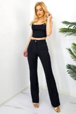 Compleu elegant Allan, top cu decolteu simetric, cusaturi evidentiate si pantaloni evazati, Negru