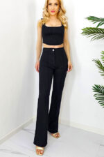 Compleu elegant Allan, top cu decolteu simetric, cusaturi evidentiate si pantaloni evazati, Negru - imagine 2