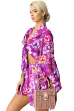 Compleu estival AdeLLa, cu camasa vaporoasa si pantaloni scurti, Mov, Marime S/M - imagine 2