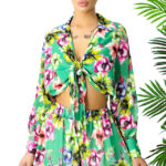 Compleu estival AdeLLa, cu camasa vaporoasa si pantaloni scurti, Verde, Marime S/M