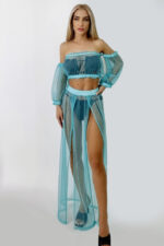 Compleu plaja Naila, din plasa, cu fusta si top scurt, Turquoise, Marime universala S/M - imagine 2