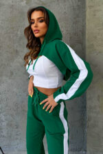 Compleu sport Bold Comfort, cu trei piese, hanorac decupat, top asortat si pantaloni cu dunga laterala, Verde - imagine 2