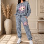 Compleu sport Bubelle, cu imprimeu grafic si pantaloni jogger, GRI
