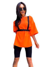 Compleu sport Cibyl, tricou lung cu ham si colanti scurti, Orange - imagine 2