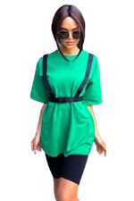 Compleu sport Cibyl, tricou lung cu ham si colanti scurti, Verde - imagine 2