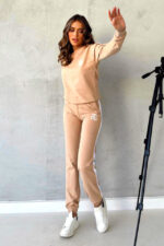 Compleu sport dama, BuGGy, pantaloni cu snur in talie si bluza lejera, Crem - imagine 2