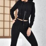 Compleu sport dama, Shary, pantaloni cu fermoar in partea inferioara si bluza cu gluga, Negru