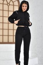 Compleu sport dama, Zheya, pantaloni si bluza cu gluga si fermoar decorativ, Negru
