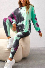 Compleu sport Fussion, cu imprimeu pastel, colanti si bluza lunga cu gluga, Verde - imagine 2