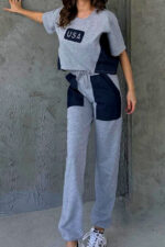Compleu sport USA Dream, tricou oversize inscriptionat si pantaloni cu panouri denim, Gri - imagine 2