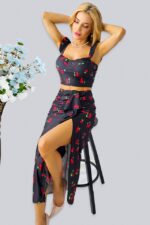 Compleu Summer Party, top cu volane si fusta cu imprimeu cirese, Negru, Marime S/M