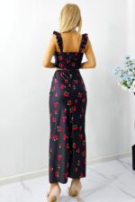 Compleu Summer Party, top cu volane si fusta cu imprimeu cirese, Negru, Marime S/M - imagine 2