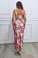Compleu Summer Party, top cu volane si fusta cu imprimeu lamai, Fucsia, Marime S/M - imagine 2