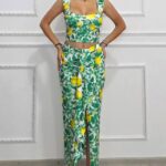 Compleu Summer Party, top cu volane si fusta cu imprimeu lamai, Verde, Marime S/M