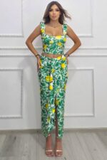 Compleu Summer Party, top cu volane si fusta cu imprimeu lamai, Verde, Marime S/M
