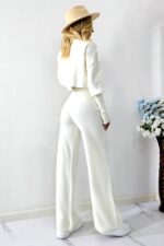 Compleu tetra de dama, COMFY, cu bluza pe gat si pantaloni evazati, Alb, Marime S/M/L - imagine 2