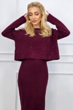 Compleu tricot, casual Caryne, cu rochie si bluza accesorizata, Burgundy, Marime S/M - imagine 2