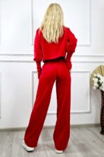 Compleu tricot cu lana COMFY, bluza cu mansete supradimensionate si pantaloni, Rosu, Marime S/M/L - imagine 2