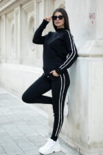 Compleu tricot Jessica, bluza si pantaloni cu dungi, Negru, Marime S/M - imagine 2