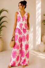 Compleu vaporos Arioso, imprimeu mediteranean, pantaloni palazzo si vesta, Roz