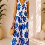 Compleu vaporos Arioso, imprimeu mediteranean, pantaloni palazzo si vesta, Albastru Royal