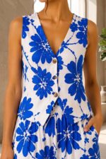 Compleu vaporos Arioso, imprimeu mediteranean, pantaloni palazzo si vesta, Albastru Royal - imagine 2