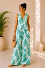 Compleu vaporos Arioso, imprimeu mediteranean, pantaloni palazzo si vesta, Verde
