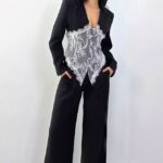 Costum dama VALERYS, pantaloni si sacou cu insertie din dantela aplicata, Negru, Marime S/M