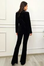 Costum elegant de dama Velluto, sacou cu pantaloni din catifea si paiete aplicate, Negru, Marime S/M - imagine 2