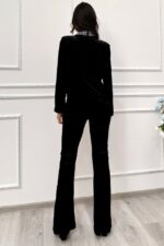 Costum elegant de dama Velluto, sacou cu pantaloni din catifea si paiete aplicate, Argintiu, Marime S/M - imagine 2