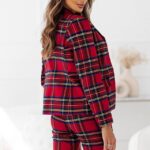 Costum elegant Nina, cu sacou, pantaloni tip pana si imprimeu in carouri, Rosu, Marime S/M